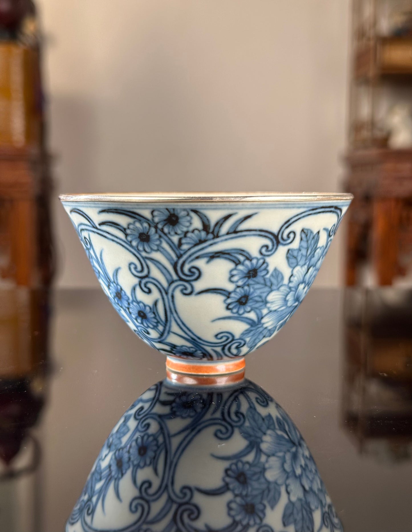 Handcrafted Chinese Blue White Porcelain Handpainted Peony Pure Silver EdgeJingdezhen Artwokr Teacup