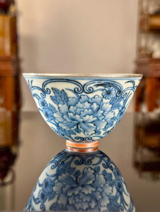 Handcrafted Chinese Blue White Porcelain Handpainted Peony Pure Silver EdgeJingdezhen Artwokr Teacup