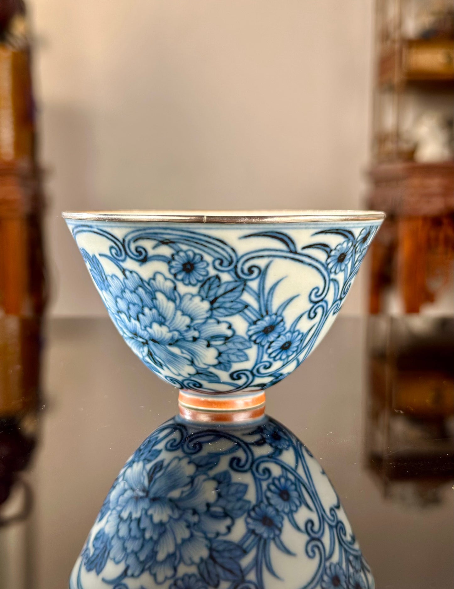 Handcrafted Chinese Blue White Porcelain Handpainted Peony Pure Silver EdgeJingdezhen Artwokr Teacup
