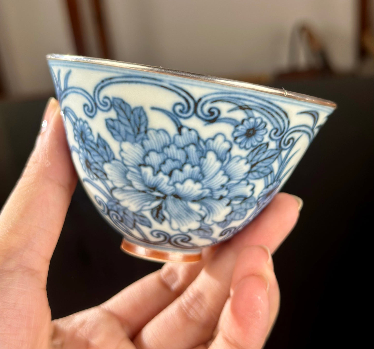 Handcrafted Chinese Blue White Porcelain Handpainted Peony Pure Silver EdgeJingdezhen Artwokr Teacup