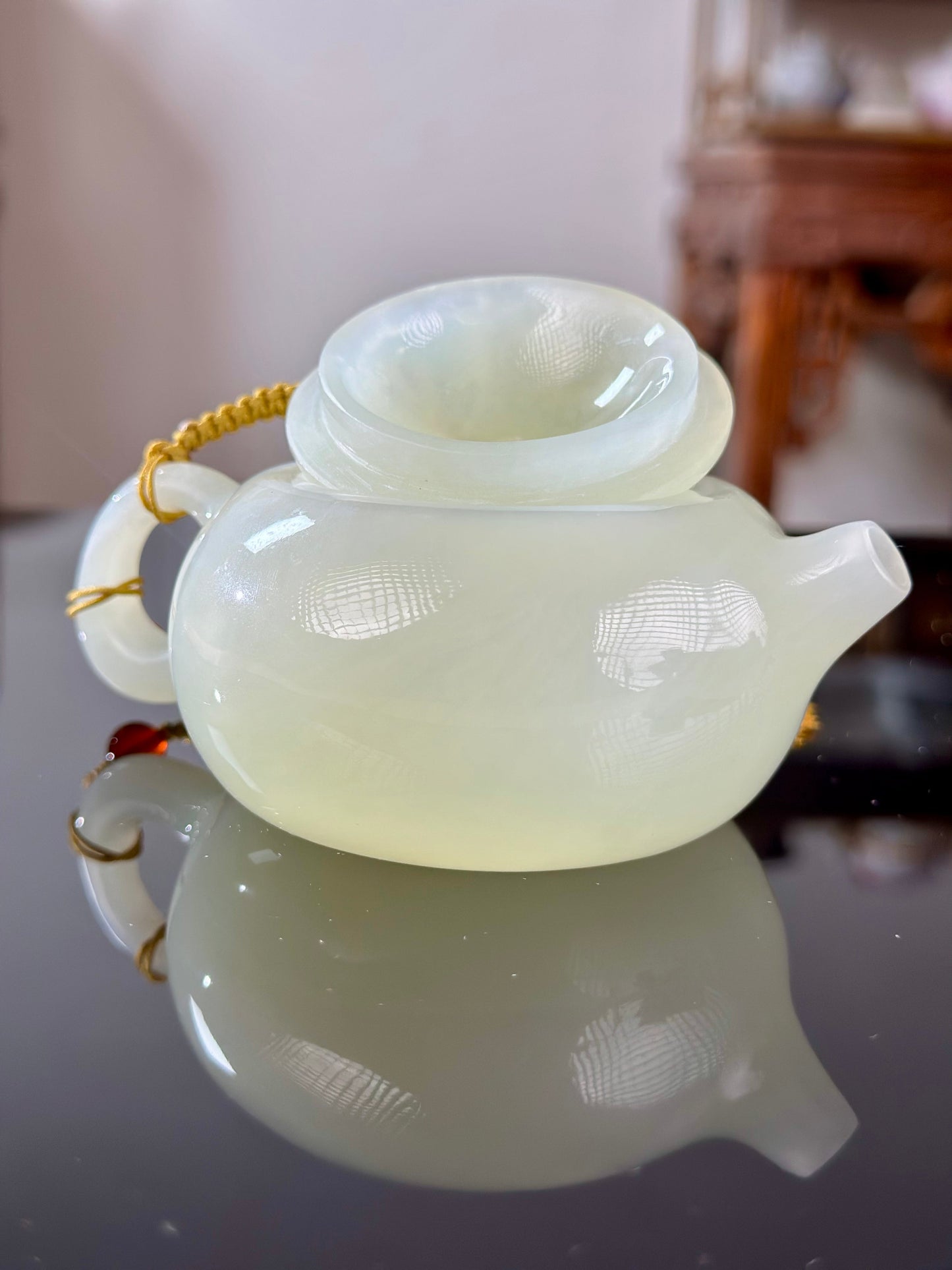 Handcrafted Chinese Xiuyu Authentic Jade Xishi Shape Teapot Unique Artwork Jade Teaware