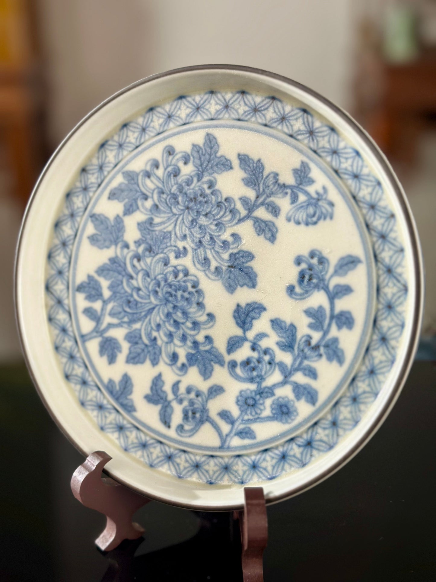 Handpainted Chinese Hucheng High-end Blue White Porcelain Traditional Flower Chrysanthemum Tea Tray Home Decor