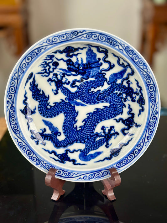Chinese High-end Blue White Porcelain Handpainted Classic Xuande Dragon Pattern Tea tray Home Ornament Artwork Tray