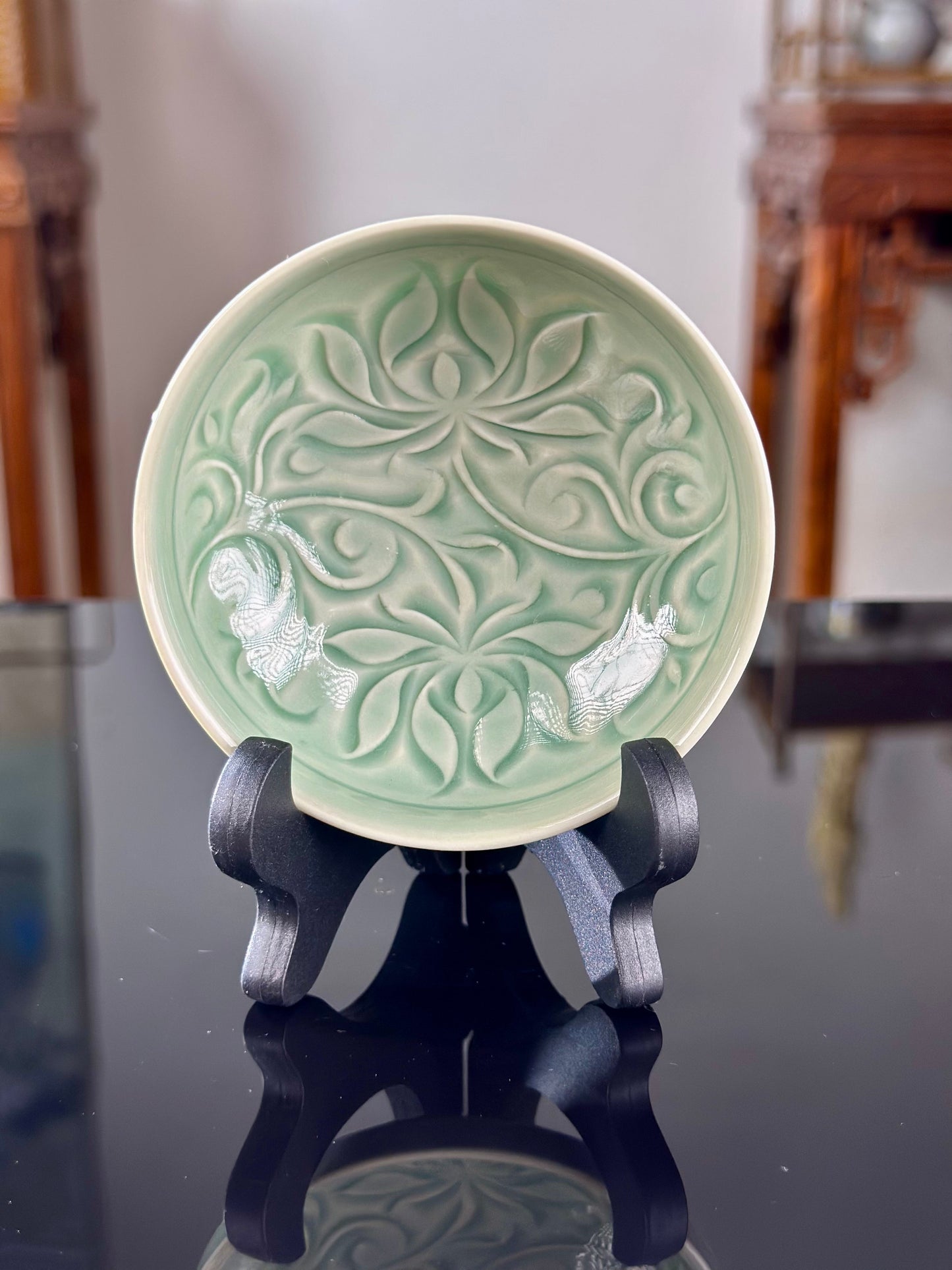 Hand Carved Chinse Lotus Yaozhou Celadon Porcelain Kiln Sky Blue Green Puer Shape Teacup