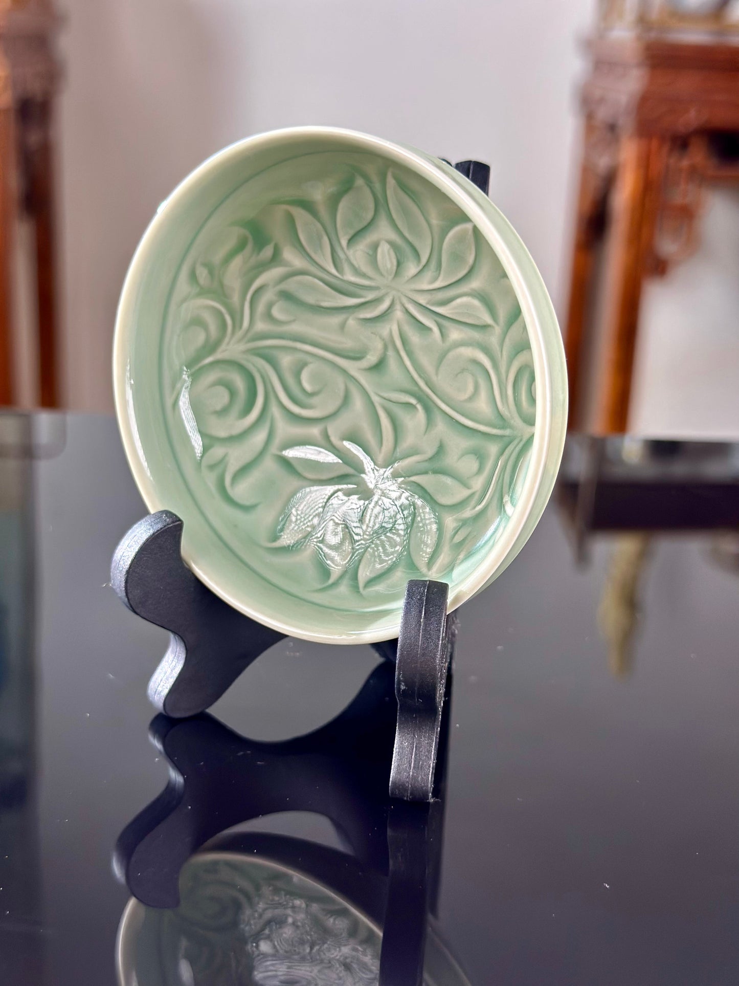 Hand Carved Chinse Lotus Yaozhou Celadon Porcelain Kiln Sky Blue Green Puer Shape Teacup