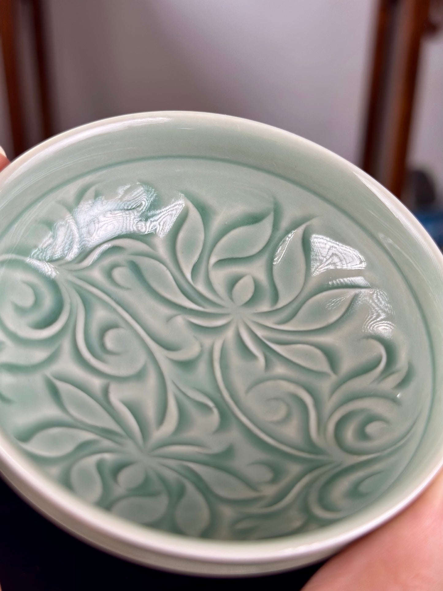 Hand Carved Chinse Lotus Yaozhou Celadon Porcelain Kiln Sky Blue Green Puer Shape Teacup