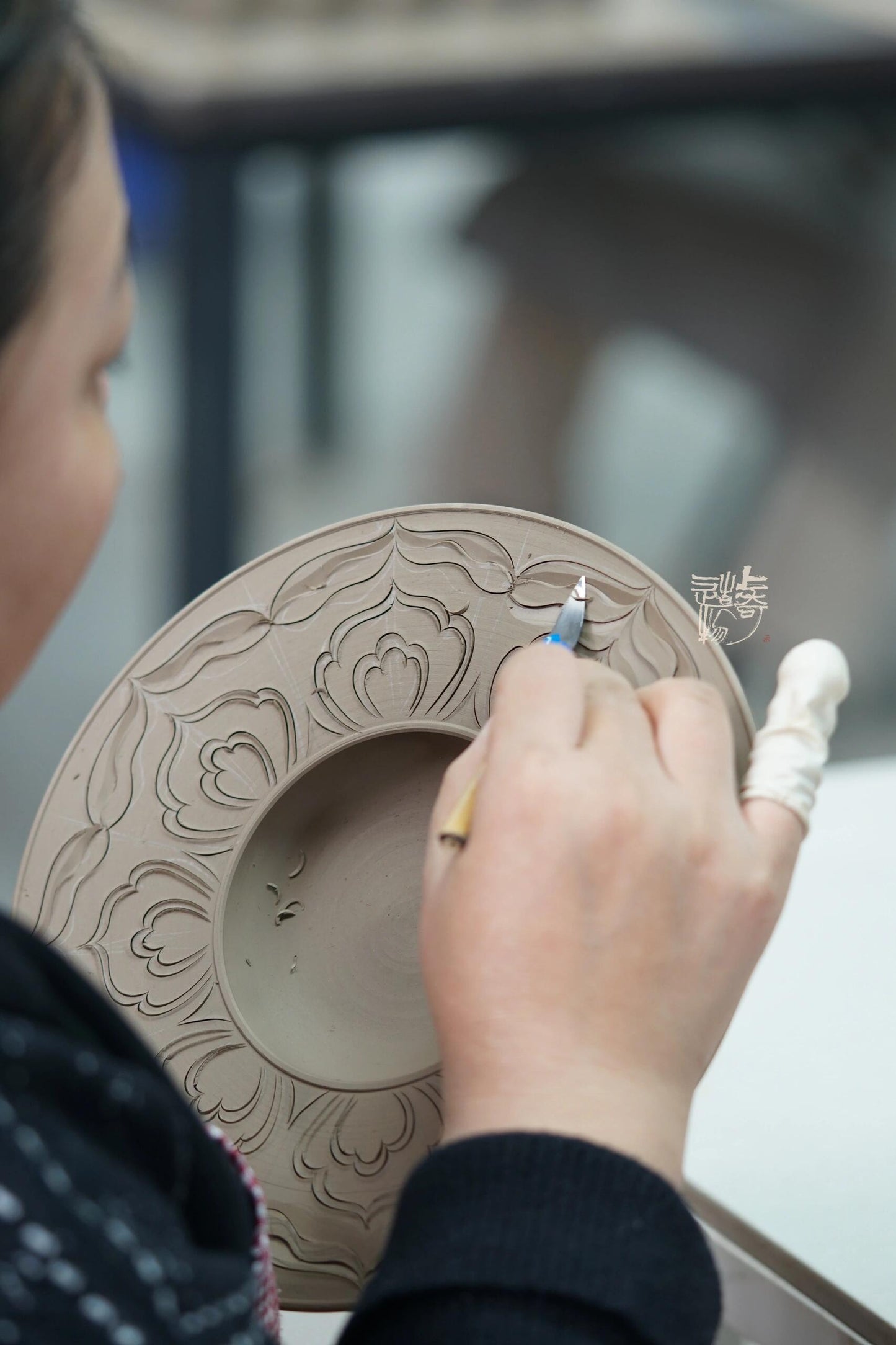 Handengraved Chinse Fish Turning Dragon Classic Pattern Yaozhou Celadon Porcelain Kiln Moon White GlazeTeacup