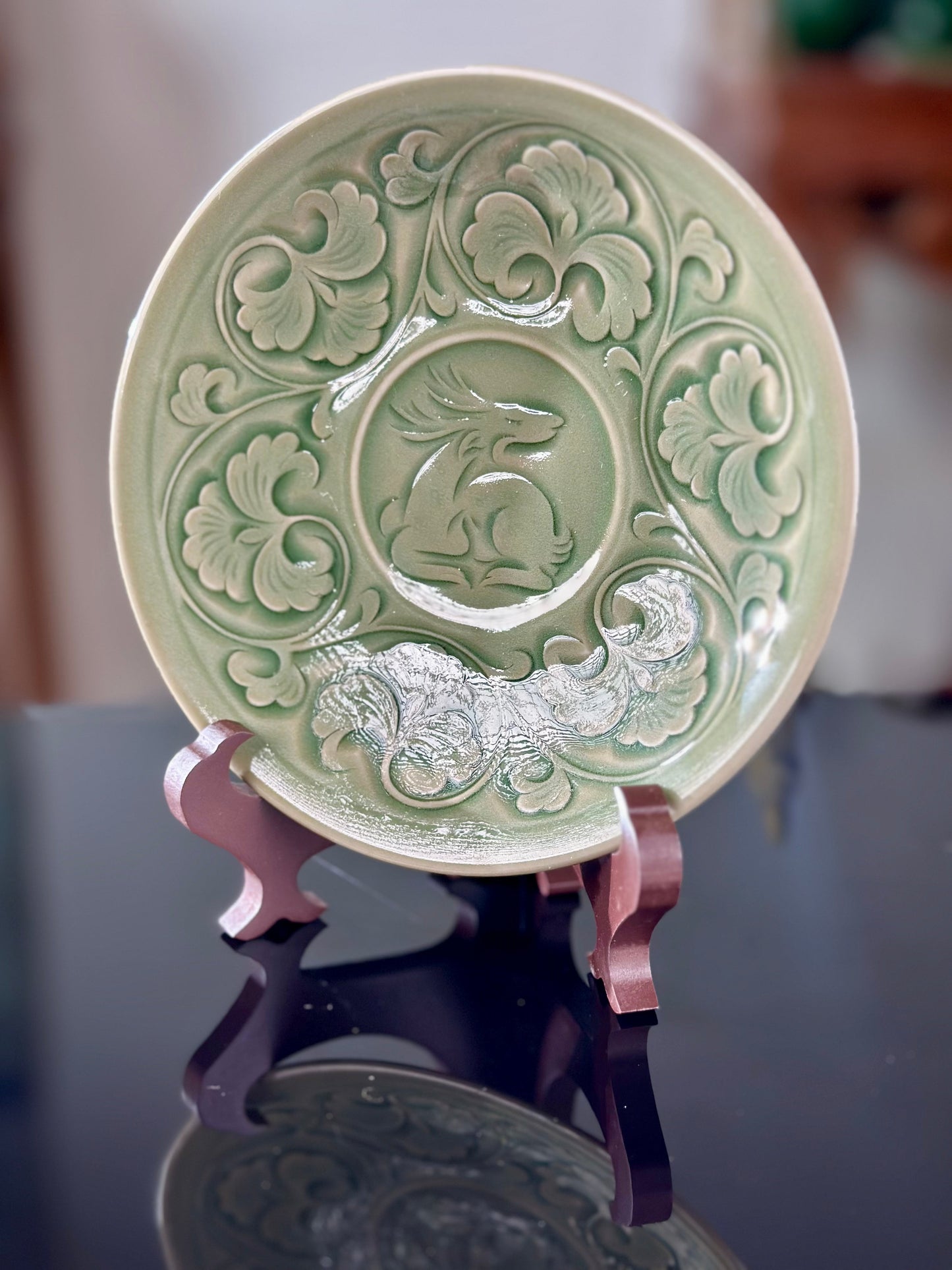 Handengraved Chinse Flower Pattern Yaozhou Celadon Porcelain Alive Green Tea Saucer Tea Tray