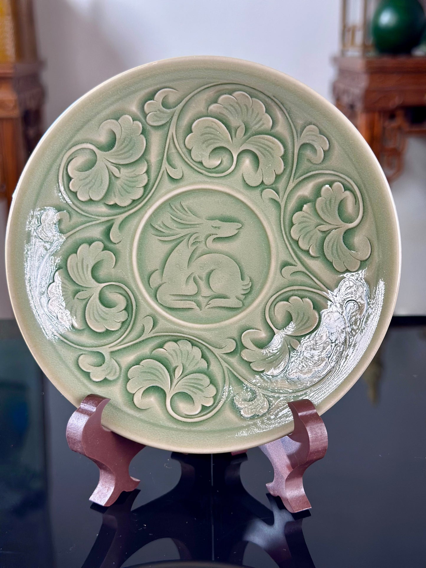 Handengraved Chinse Flower Pattern Yaozhou Celadon Porcelain Alive Green Tea Saucer Tea Tray