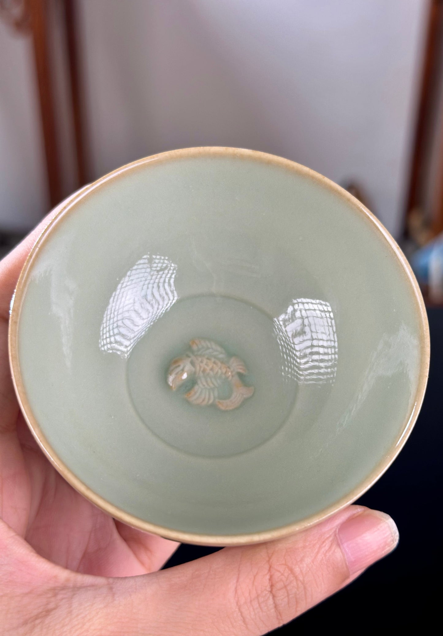Handengraved Chinse Fish Turning Dragon Classic Pattern Yaozhou Celadon Porcelain Kiln Moon White GlazeTeacup