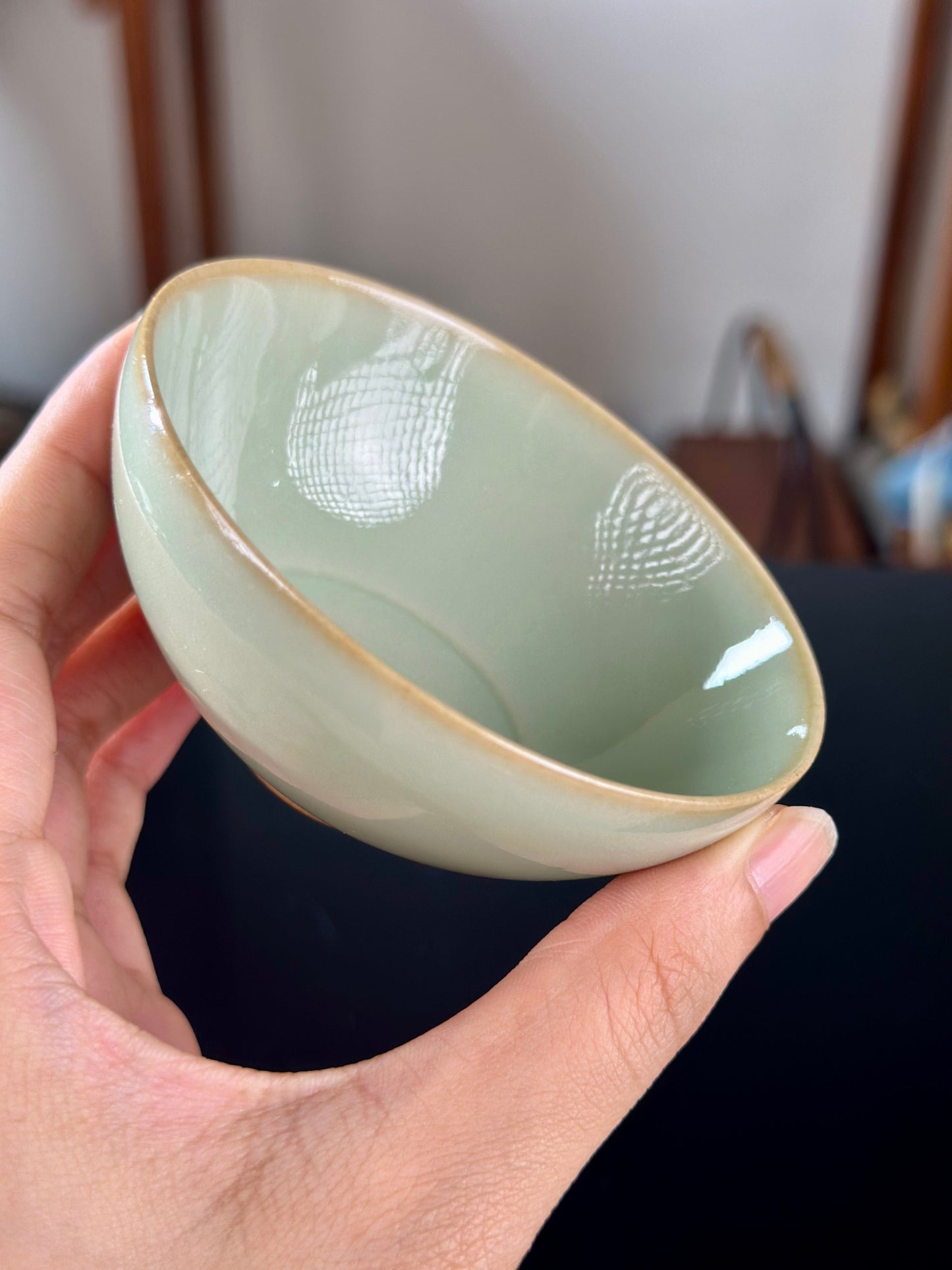 Handengraved Chinse Fish Turning Dragon Classic Pattern Yaozhou Celadon Porcelain Kiln Moon White GlazeTeacup