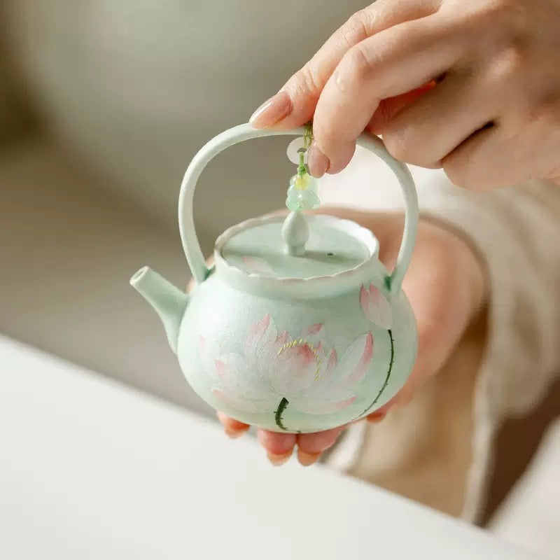 Handpainted Chinese Lotus Green Teapot Set Teacup Teaset