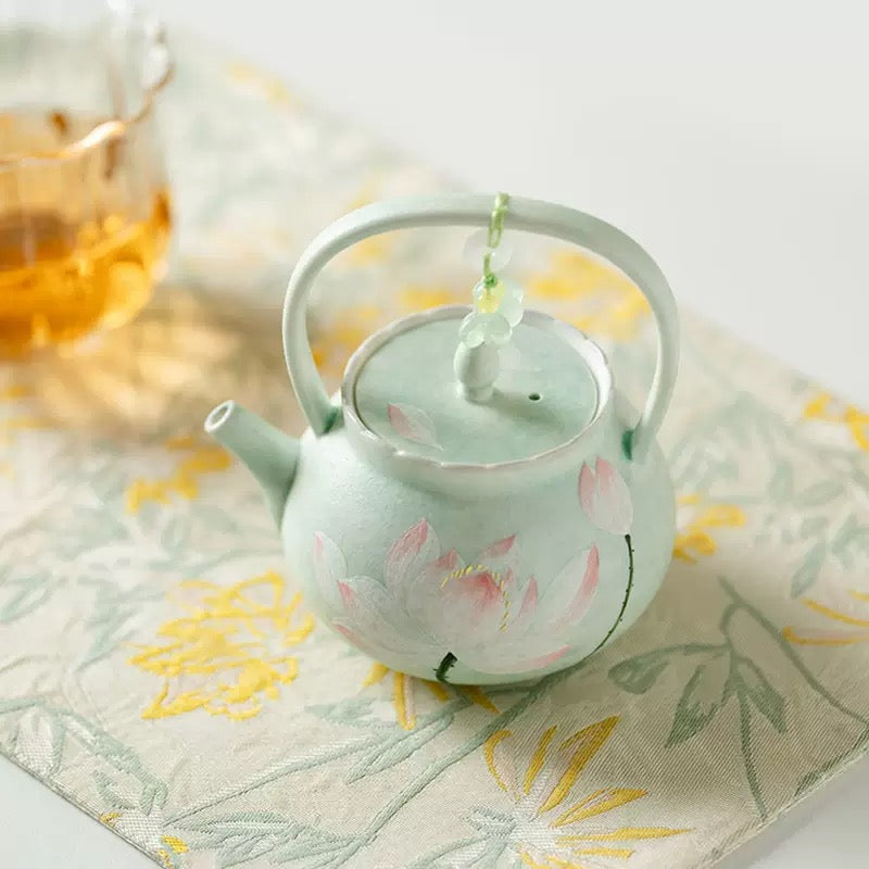 Handpainted Chinese Lotus Green Teapot Set Teacup Teaset
