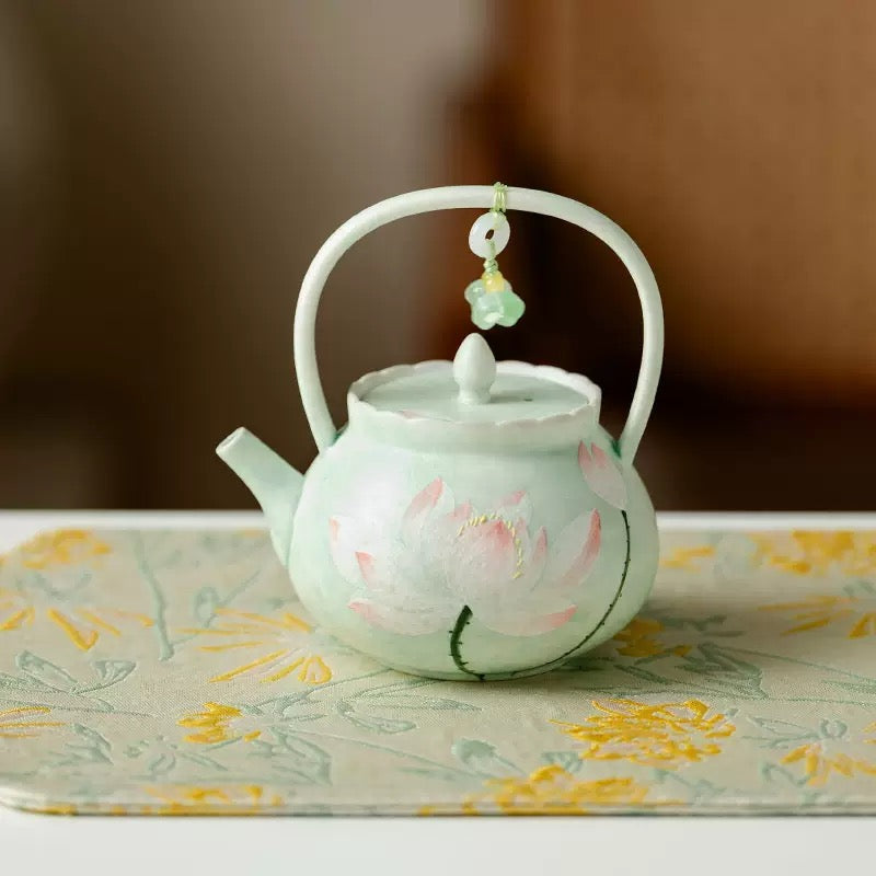 Handpainted Chinese Lotus Green Teapot Set Teacup Teaset