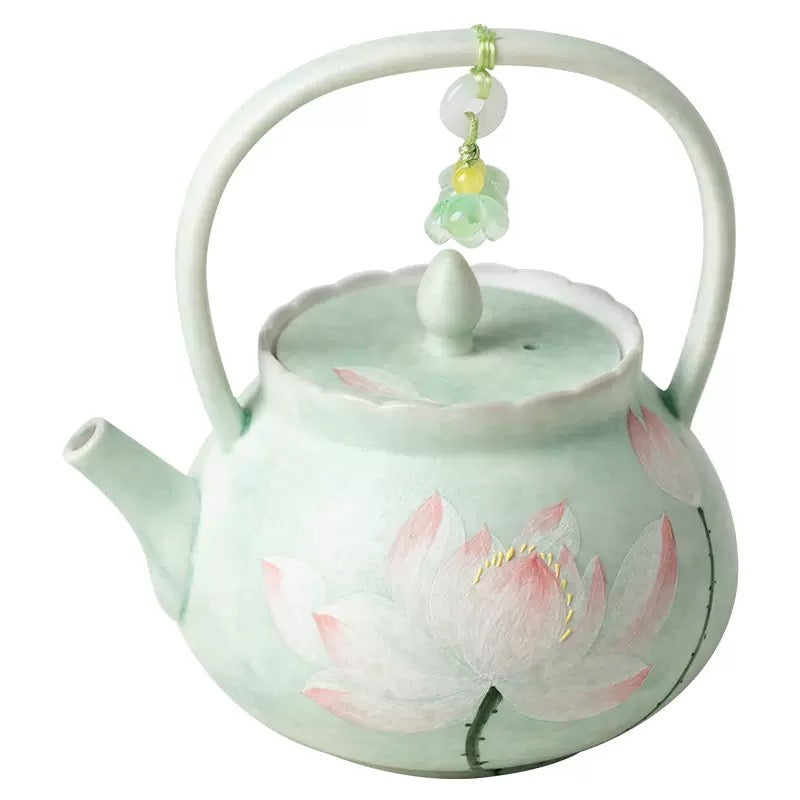 Handpainted Chinese Lotus Green Teapot Set Teacup Teaset