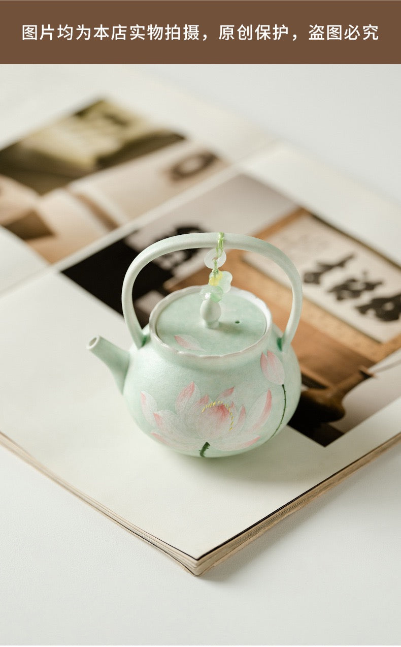 Handpainted Chinese Lotus Green Teapot Set Teacup Teaset
