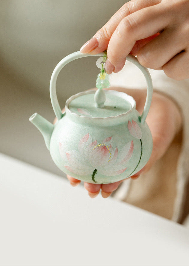 Handpainted Chinese Lotus Green Teapot Set Teacup Teaset