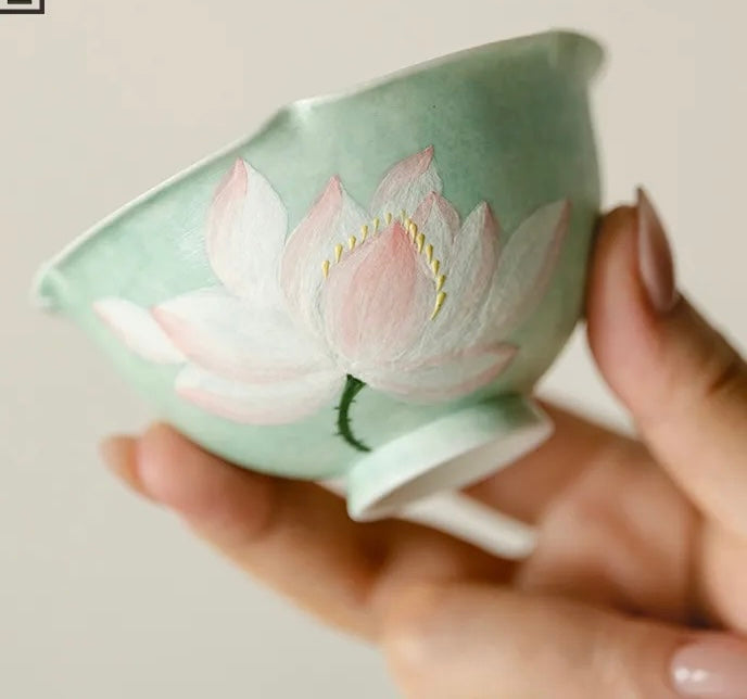 Handpainted Chinese Lotus Green Teapot Set Teacup Teaset