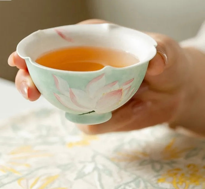 Handpainted Chinese Lotus Green Teapot Set Teacup Teaset