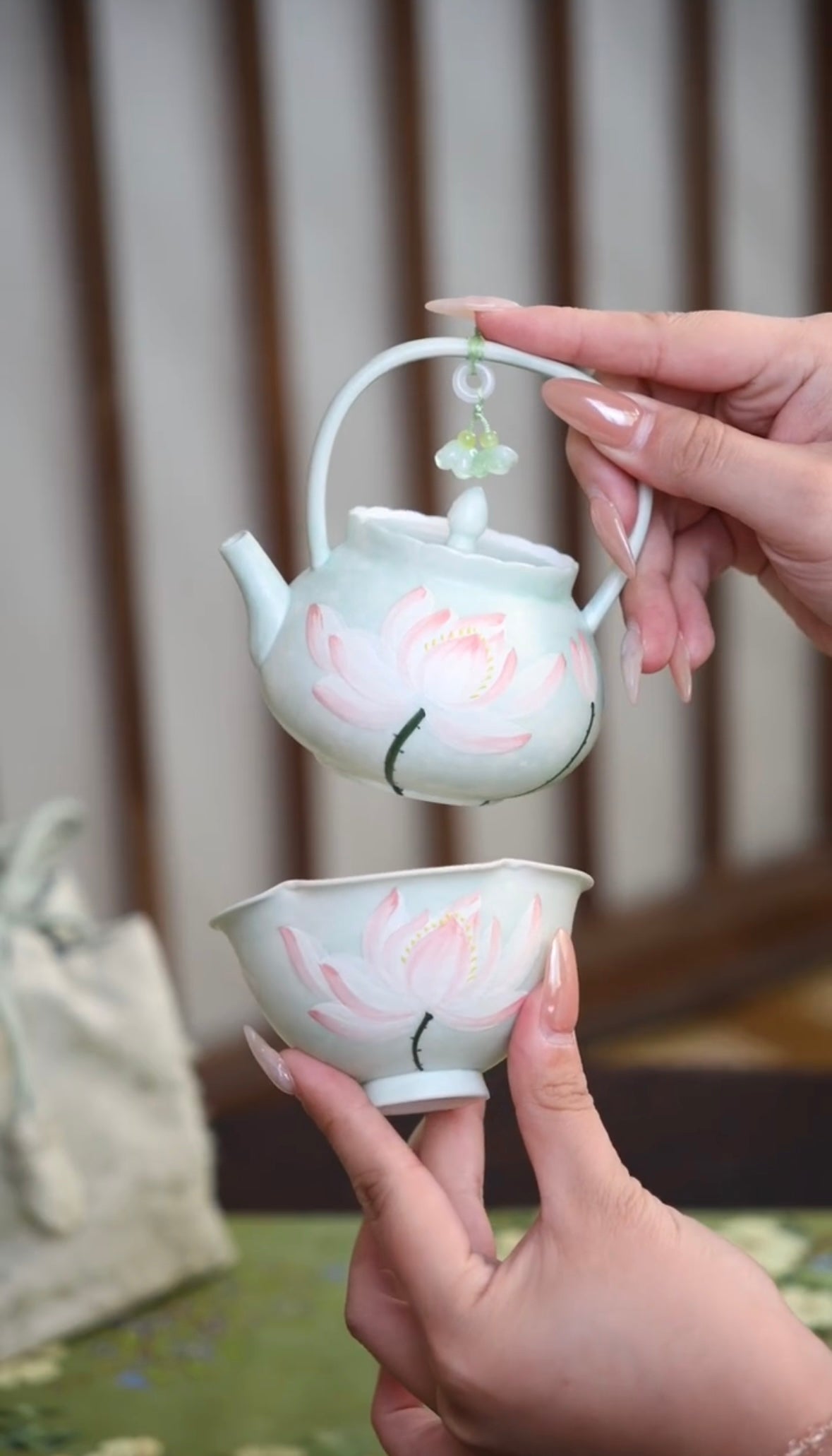 Handpainted Chinese Lotus Green Teapot Set Teacup Teaset