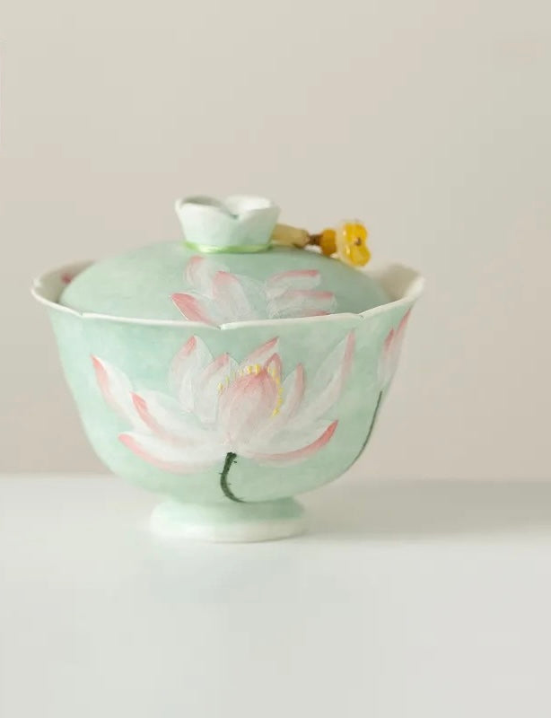 Handpainted Chinese Lotus Green Teapot Gaiwan Set Teacup Teaset