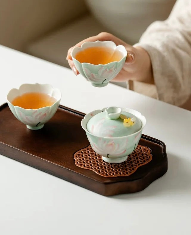 Handpainted Chinese Lotus Green Teapot Gaiwan Set Teacup Teaset