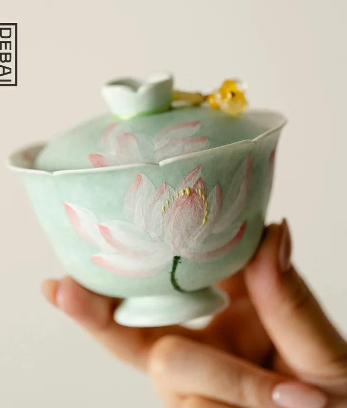 Handpainted Chinese Lotus Green Teapot Gaiwan Set Teacup Teaset