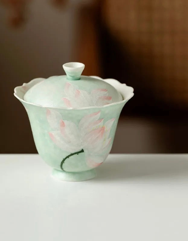 Handpainted Chinese Lotus Green Teapot Gaiwan Set Teacup Teaset
