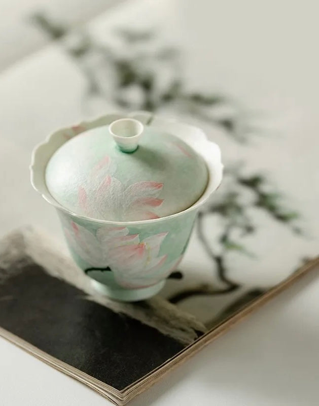 Handpainted Chinese Lotus Green Teapot Gaiwan Set Teacup Teaset