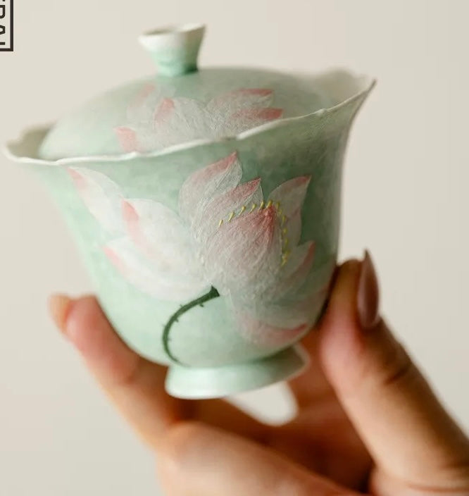 Handpainted Chinese Lotus Green Teapot Gaiwan Set Teacup Teaset