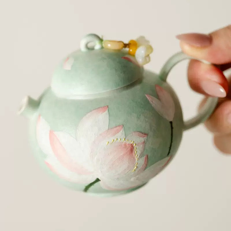 Handpainted Chinese Lotus Green Teapot Set Teacup Teaset