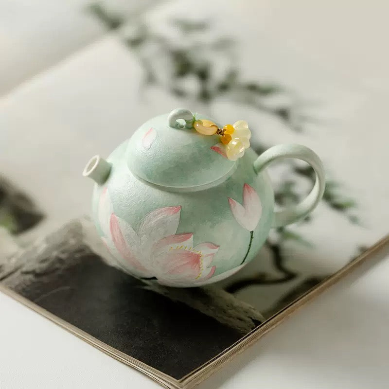 Handpainted Chinese Lotus Green Teapot Set Teacup Teaset