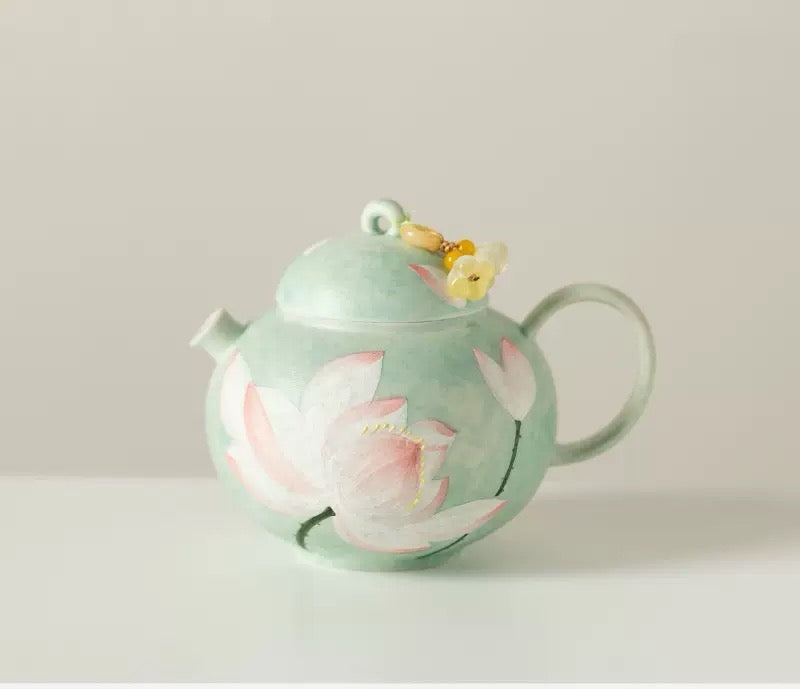 Handpainted Chinese Lotus Green Teapot Set Teacup Teaset