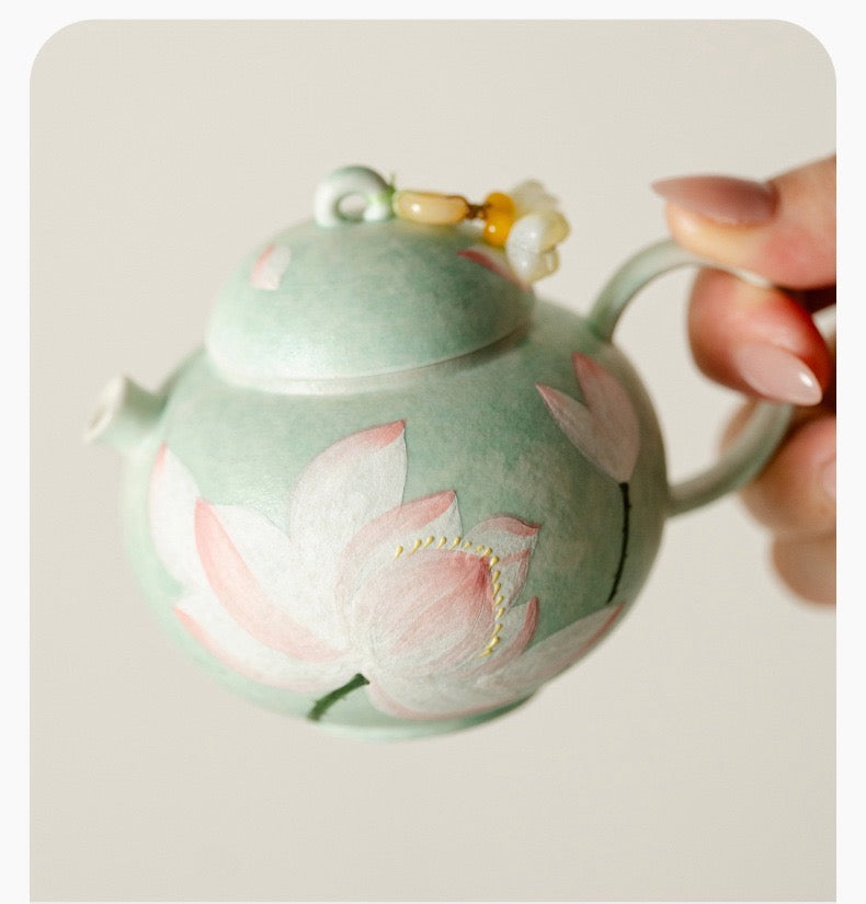 Handpainted Chinese Lotus Green Teapot Set Teacup Teaset