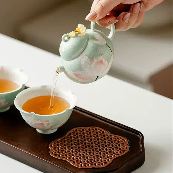 Handpainted Chinese Lotus Green Teapot Set Teacup Teaset