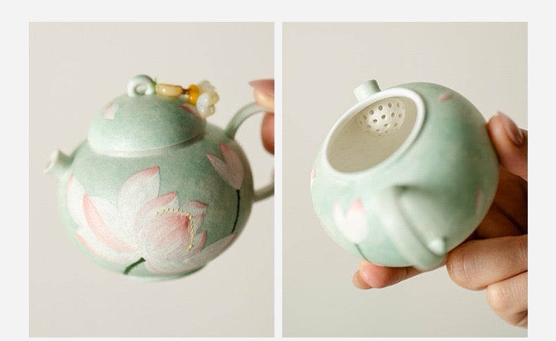 Handpainted Chinese Lotus Green Teapot Set Teacup Teaset