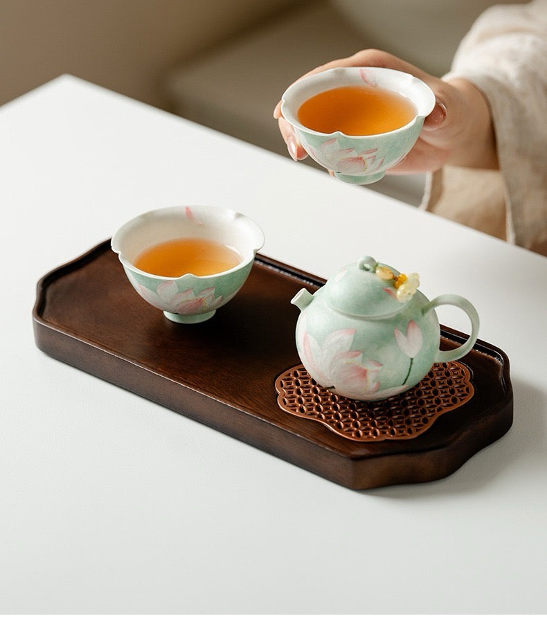 Handpainted Chinese Lotus Green Teapot Set Teacup Teaset