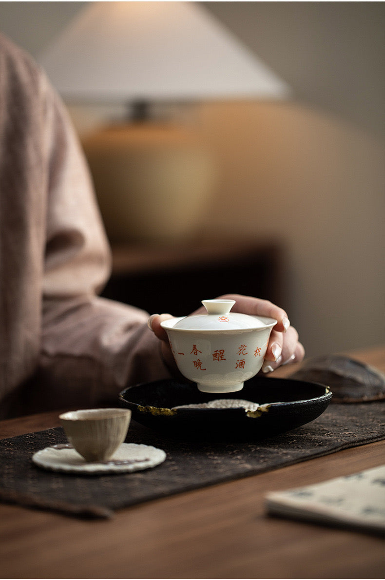 Hand Written Chinese Calligraphy Poem Gaiwan Ding Porcelain White  Classic Artwork Teapot