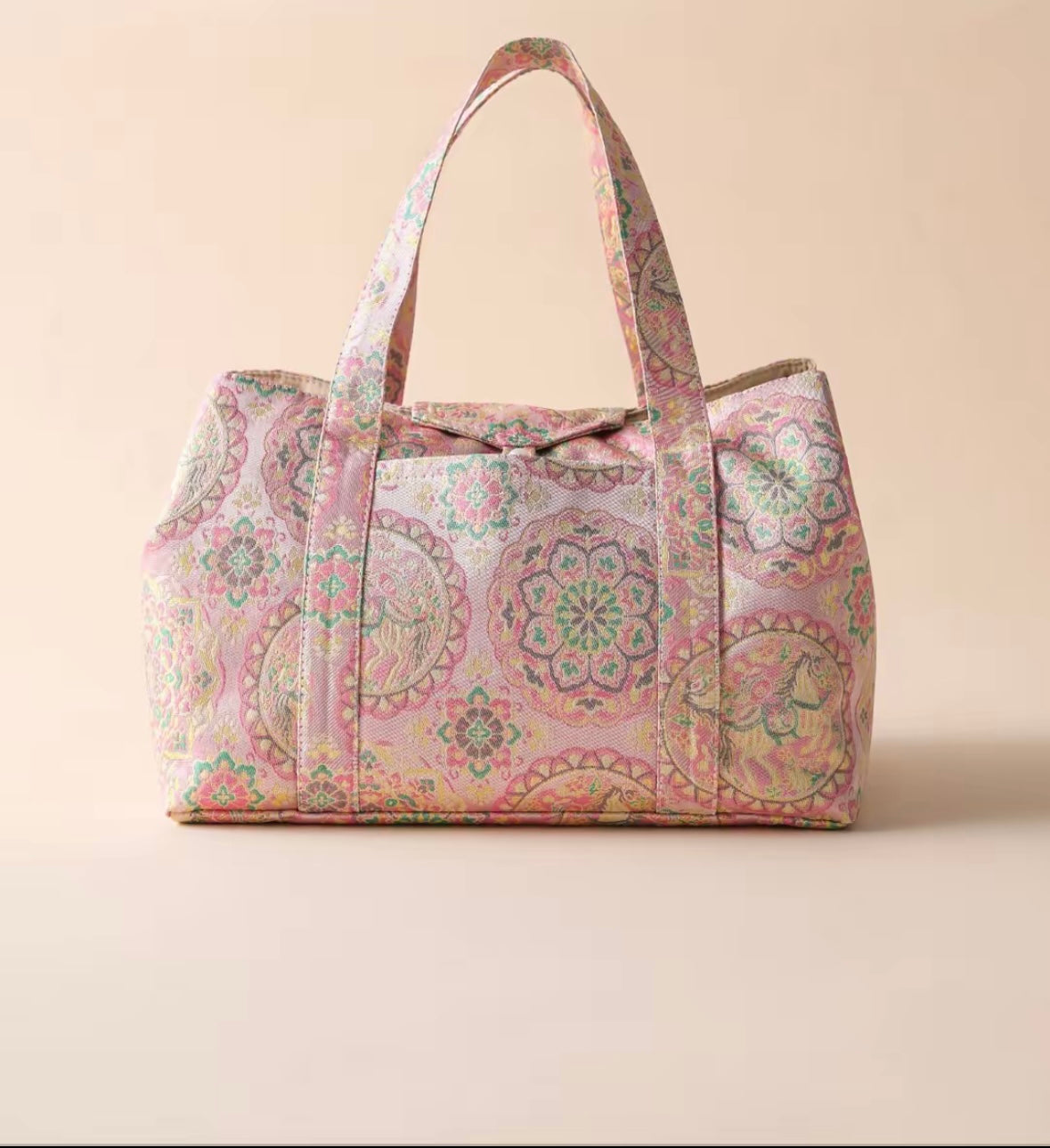 Chinese Traditional Song Brocade Pink Baoxiang Flower Horse Pattern Tea Bag Travel Cloth Bag Big Capacity Portable Storage Bag