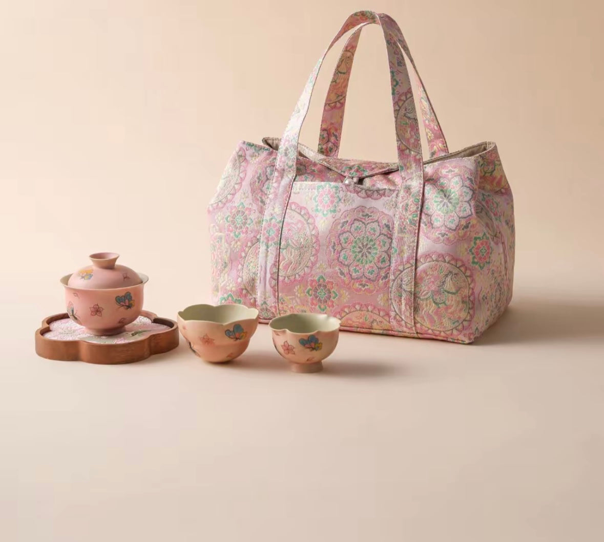 Chinese Traditional Song Brocade Pink Baoxiang Flower Horse Pattern Tea Bag Travel Cloth Bag Big Capacity Portable Storage Bag