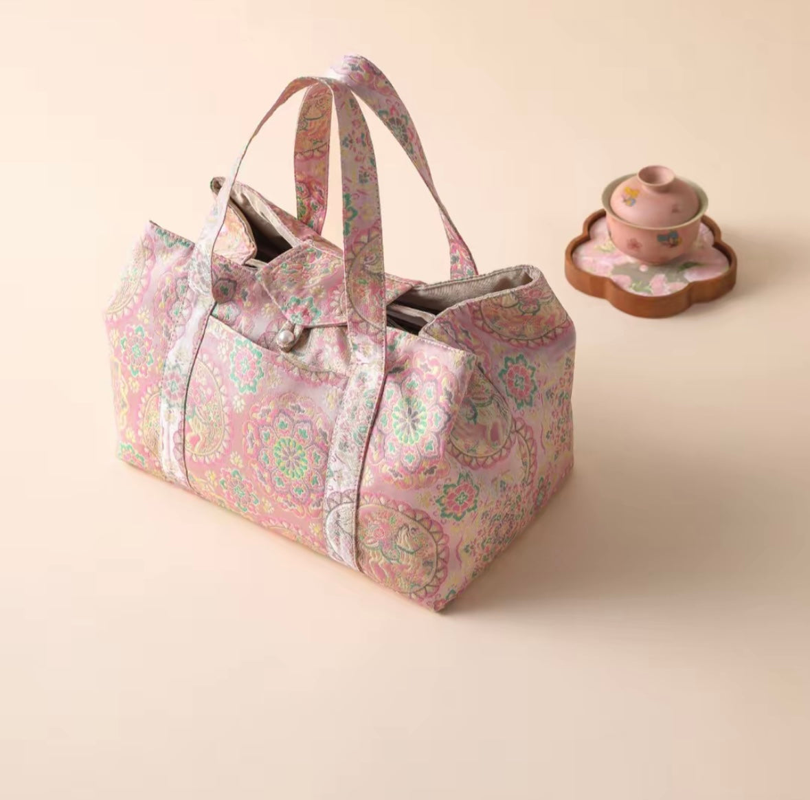 Chinese Traditional Song Brocade Pink Baoxiang Flower Horse Pattern Tea Bag Travel Cloth Bag Big Capacity Portable Storage Bag