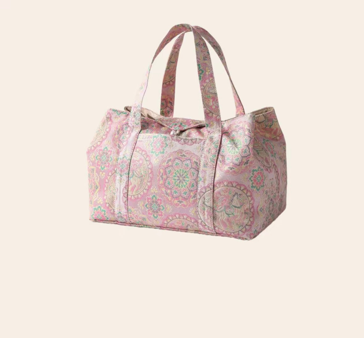 Chinese Traditional Song Brocade Pink Baoxiang Flower Horse Pattern Tea Bag Travel Cloth Bag Big Capacity Portable Storage Bag