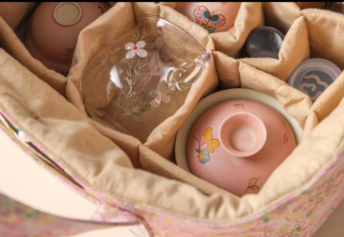 Chinese Traditional Song Brocade Pink Baoxiang Flower Horse Pattern Tea Bag Travel Cloth Bag Big Capacity Portable Storage Bag