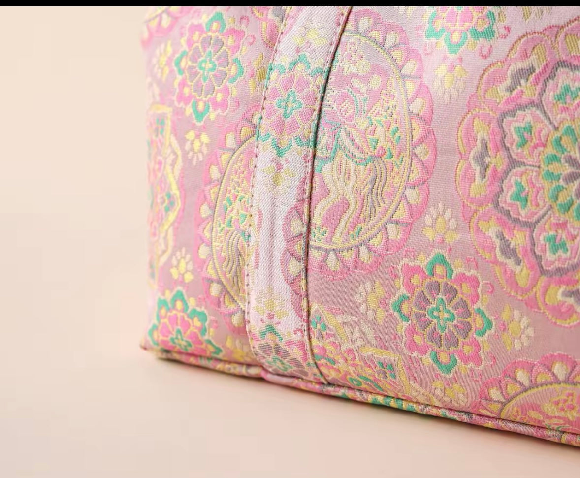 Chinese Traditional Song Brocade Pink Baoxiang Flower Horse Pattern Tea Bag Travel Cloth Bag Big Capacity Portable Storage Bag