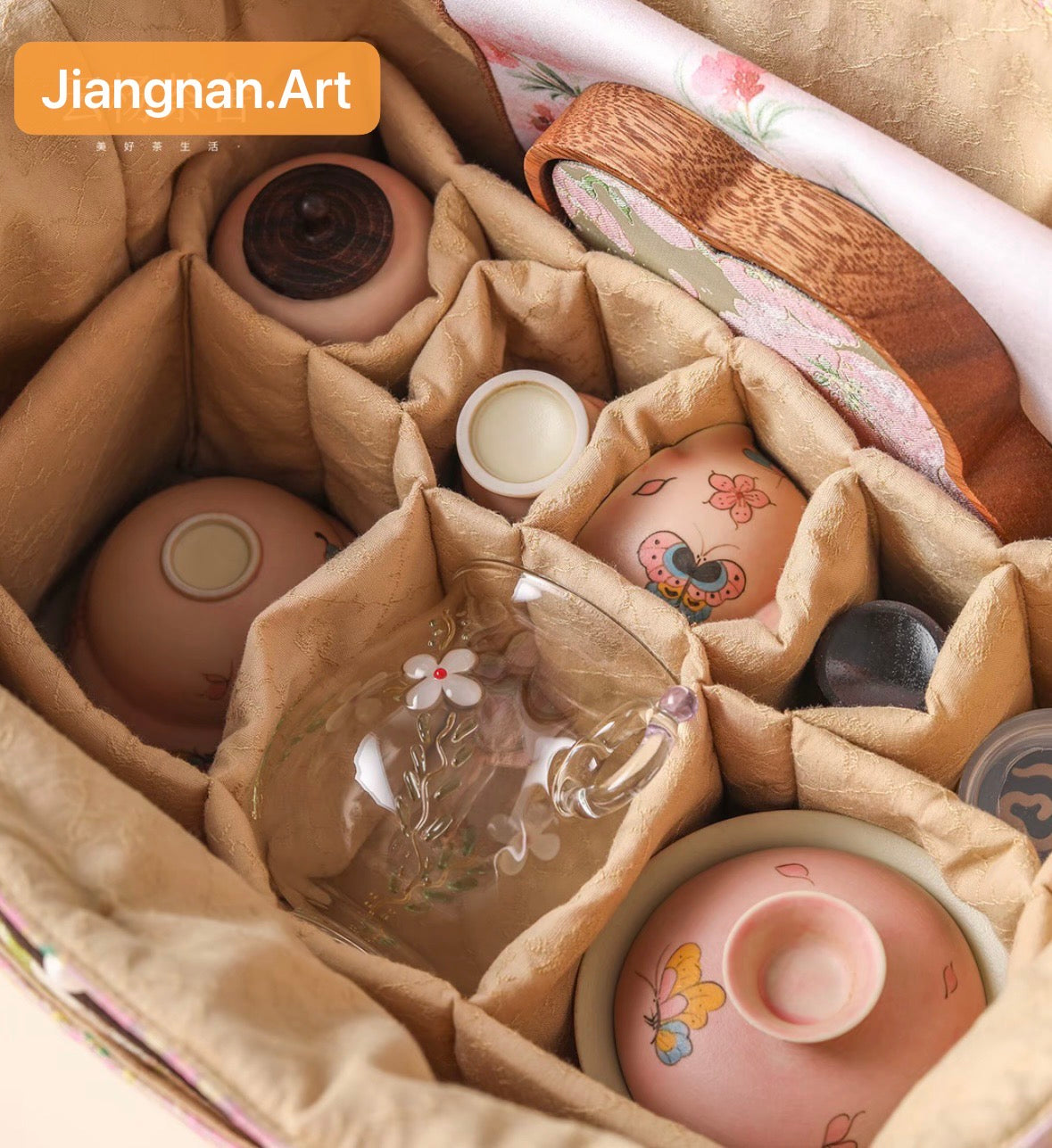 Chinese Traditional Song Brocade Pink Baoxiang Flower Horse Pattern Tea Bag Travel Cloth Bag Big Capacity Portable Storage Bag