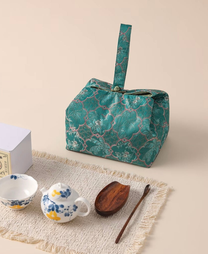 Chinese Traditional Song Brocade Green Tea Bag Travel Cloth Bag Big Capacity Portable Storage Bag