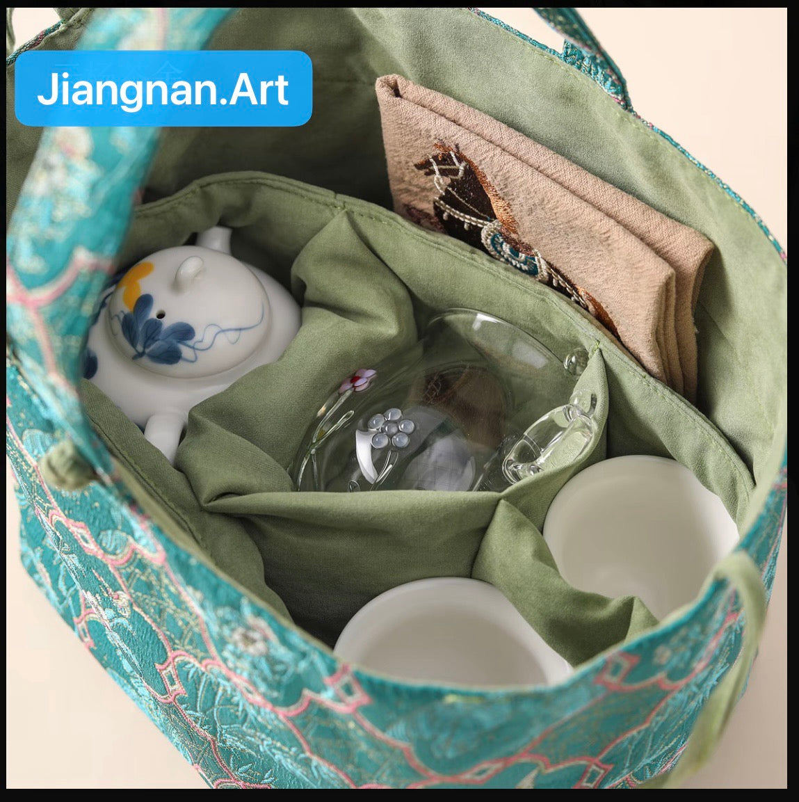 Chinese Traditional Song Brocade Green Tea Bag Travel Cloth Bag Big Capacity Portable Storage Bag
