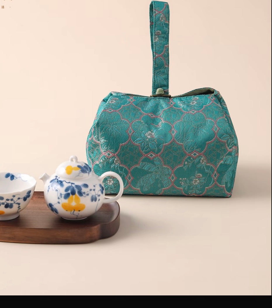 Chinese Traditional Song Brocade Green Tea Bag Travel Cloth Bag Big Capacity Portable Storage Bag