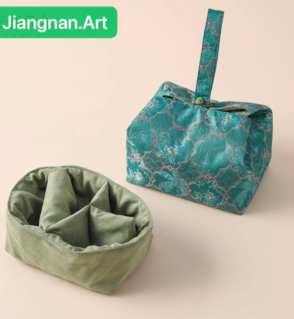 Chinese Traditional Song Brocade Green Tea Bag Travel Cloth Bag Big Capacity Portable Storage Bag