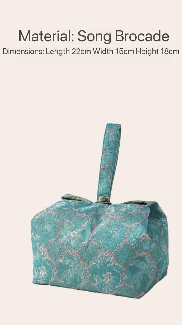Chinese Traditional Song Brocade Green Tea Bag Travel Cloth Bag Big Capacity Portable Storage Bag